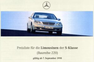 Screenshot der Mercedes pdf Preisliste BR220 S-Klasse vom September 1998